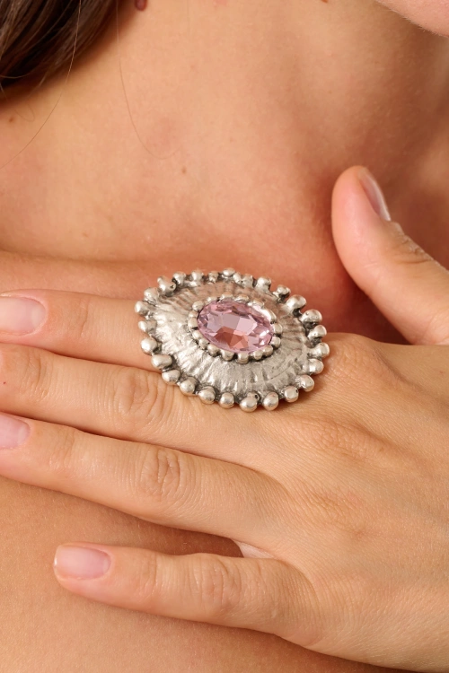 Kiraz Pink Crystal Stoned Silver Plated Ring
