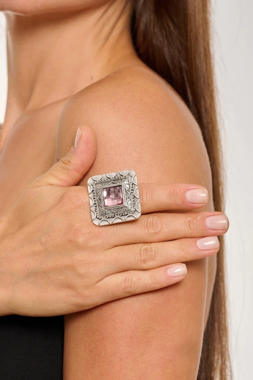 Kiraz Pink Crystal Stoned Silver Plated Ring