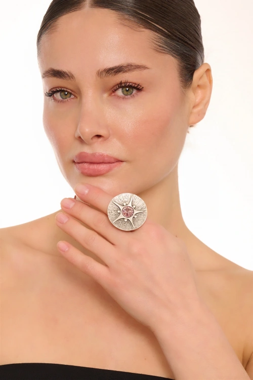 Kiraz Rose Color  Crystal Stoned Silver Plated Ring