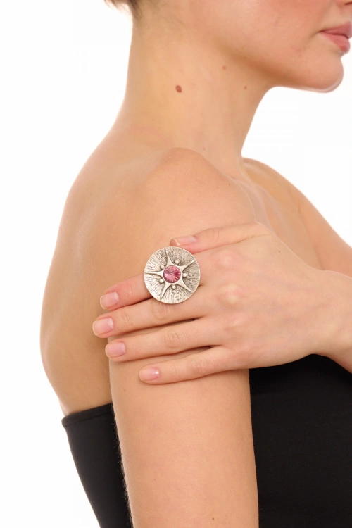 Kiraz Pink Crystal Stoned Silver Plated Ring