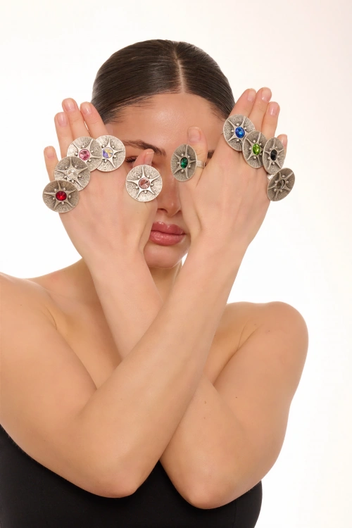 Kiraz Pink Crystal Stoned Silver Plated Ring