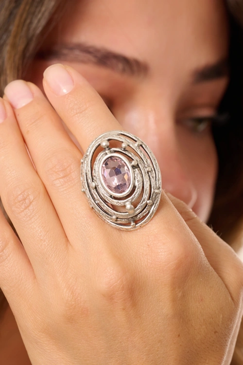 Kiraz Pink Crystal Stoned Silver Plated Ring
