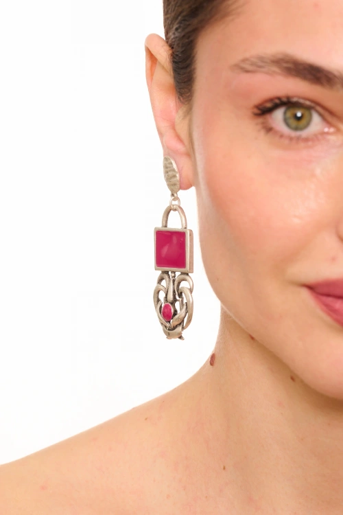 Kiraz Pink Enameled Silver Plated Earring