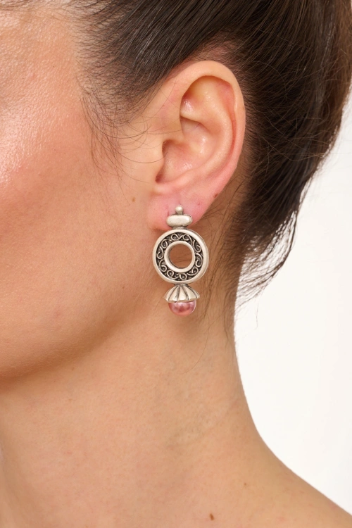 Kiraz Pink Pearl Stoned Silver Plated Earring
