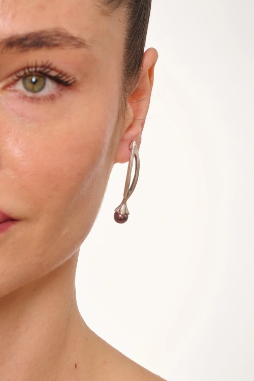 Kiraz Plum Pearl Stoned Silver Plated Earring