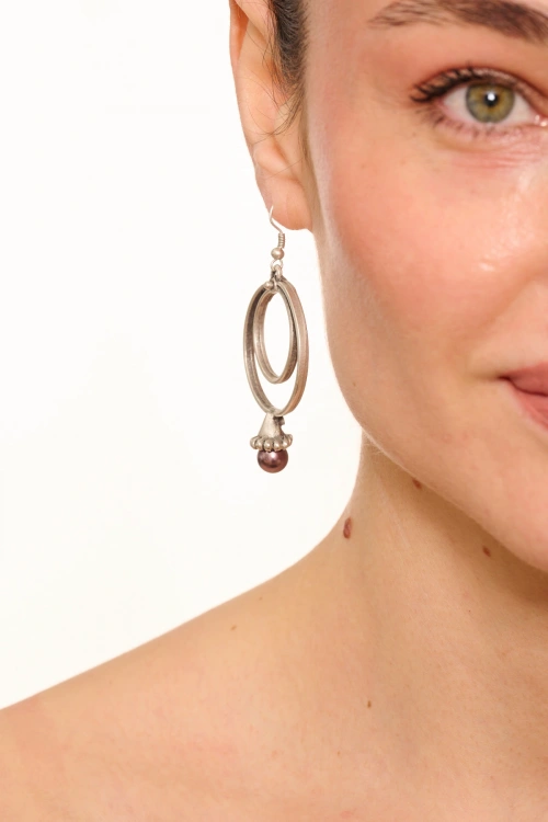 Kiraz Plum Pearl Stoned Silver Plated Earring