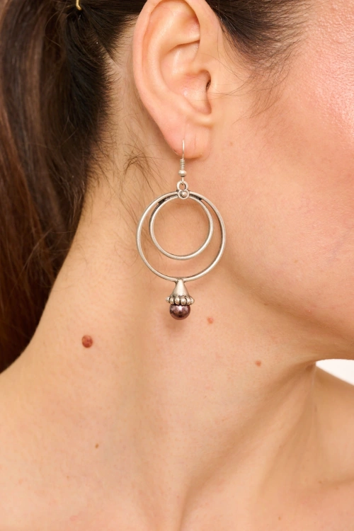 Kiraz Plum Pearl Stoned Silver Plated Earring