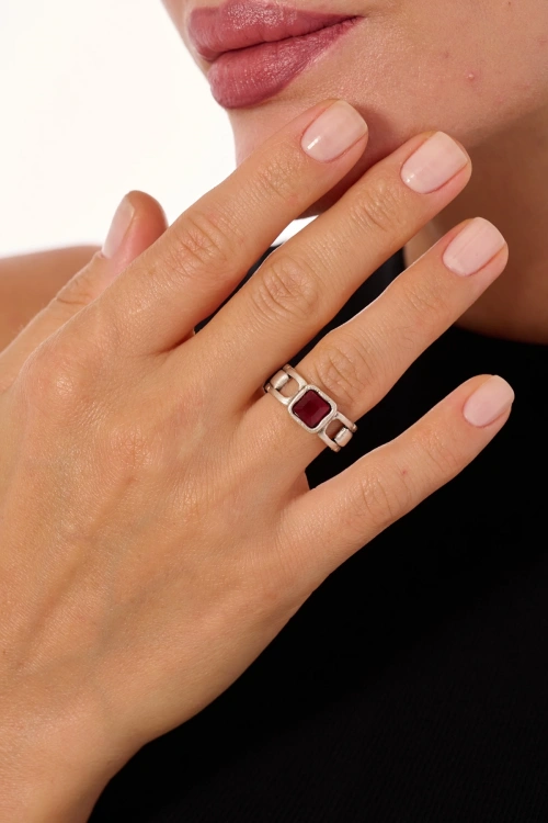 Kiraz Purple Crystal Stoned Silver Plated Ring