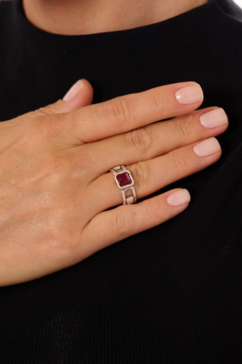 Kiraz Purple Crystal Stoned Silver Plated Ring