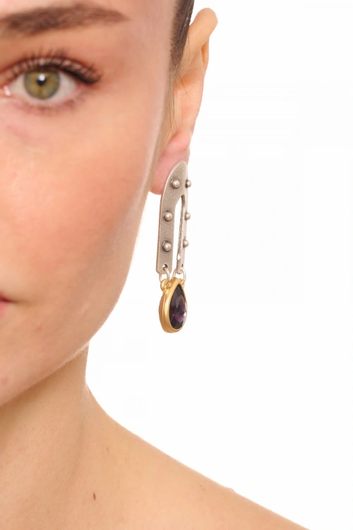 Kiraz Purple Crystal Stoned Silver And Gold Plated Earring
