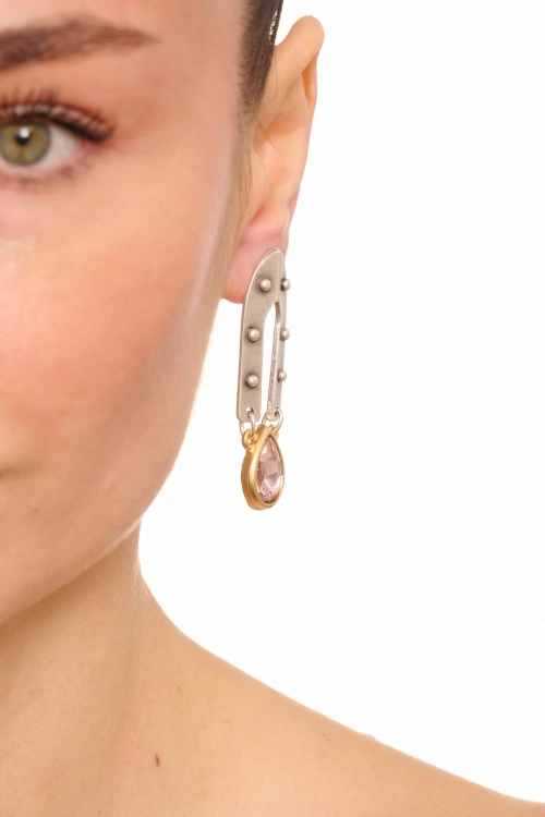 Kiraz Pink Crystal Stoned Silver And Gold Plated Earring