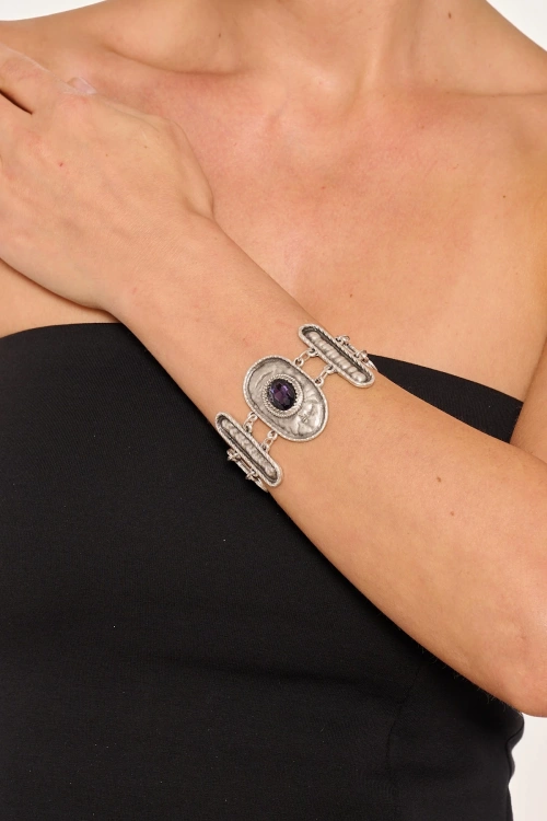 Kiraz Purple Crystal Stoned Silver Plated Bracelet