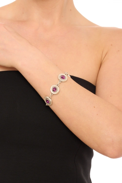 Kiraz Purple Crystal Stoned Silver Plated Bracelet