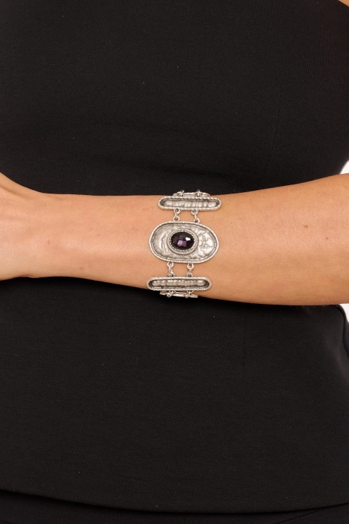 Kiraz Purple Crystal Stoned Silver Plated Bracelet