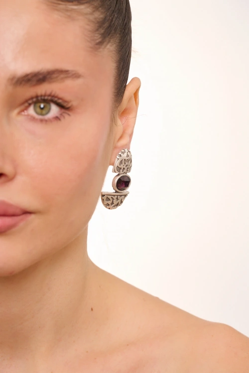 Kiraz Purple Crystal Stoned Silver Plated Earring