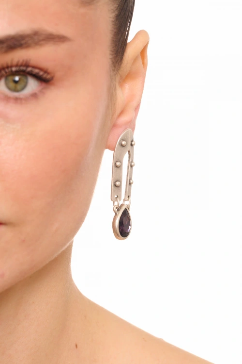 Kiraz Purple Crystal Stoned Silver Plated Earring