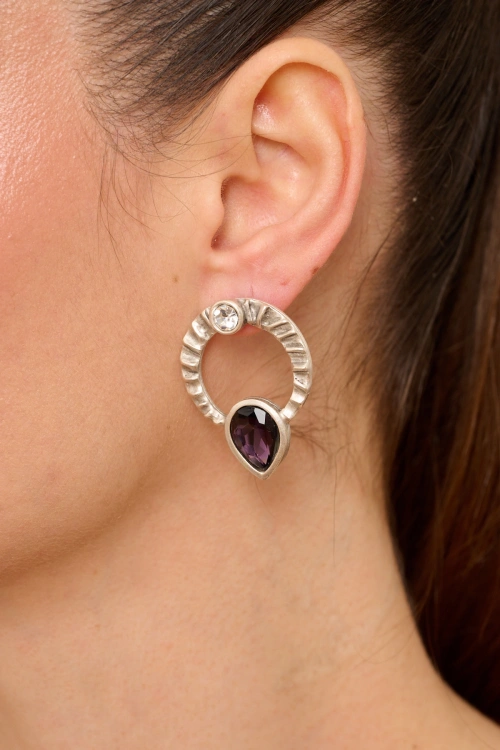 Kiraz Purple Crystal Stoned Silver Plated Earring