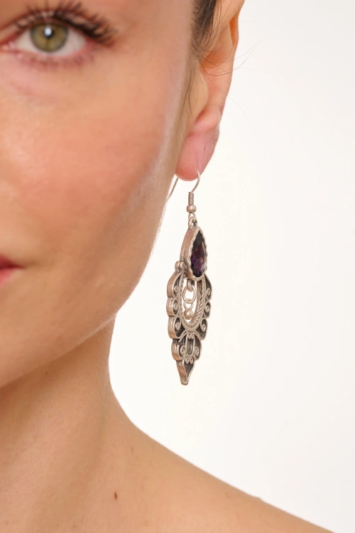 Kiraz Purple Crystal Stoned Silver Plated Earring