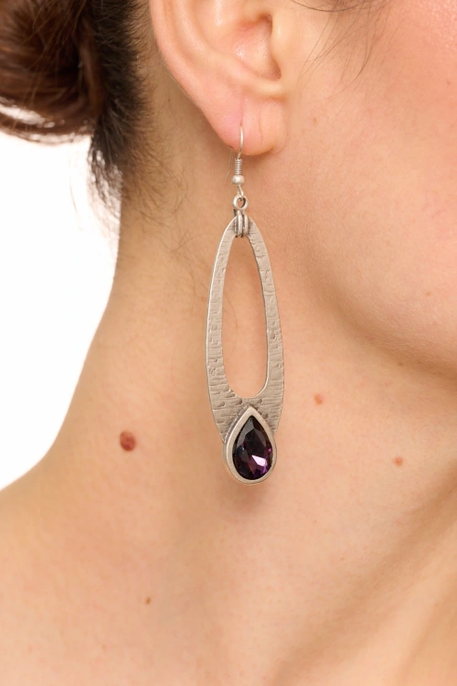 Kiraz Purple Crystal Stoned Silver Plated Earring