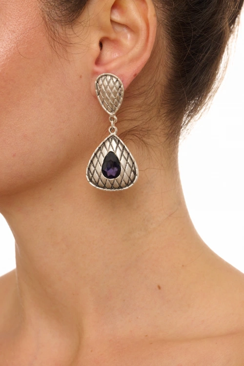Kiraz Purple Crystal Stoned Silver Plated Earring