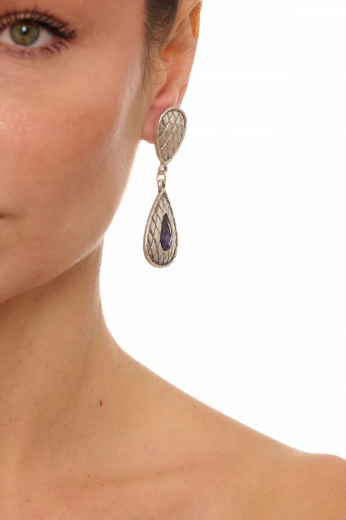 Kiraz Purple Crystal Stoned Silver Plated Earring
