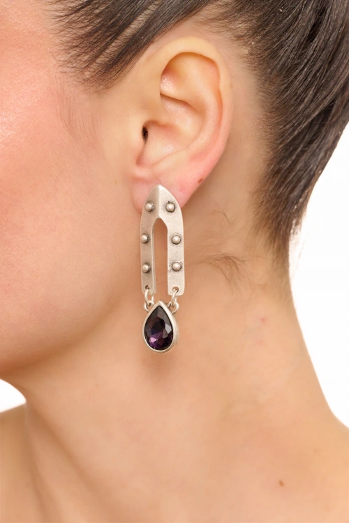 Kiraz Purple Crystal Stoned Silver Plated Earring