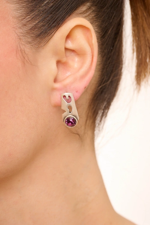 Kiraz Purple Crystal Stoned Silver Plated Earring