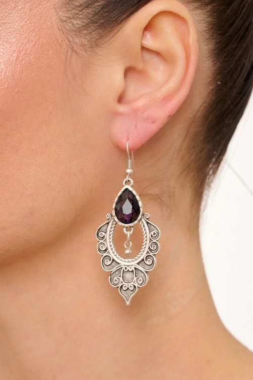Kiraz Purple Crystal Stoned Silver Plated Earring