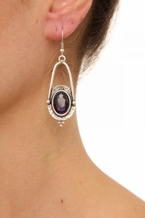 Kiraz Purple Crystal Stoned Silver Plated Earring