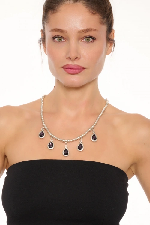 Kiraz Purple Crystal Stoned Silver Plated Necklace