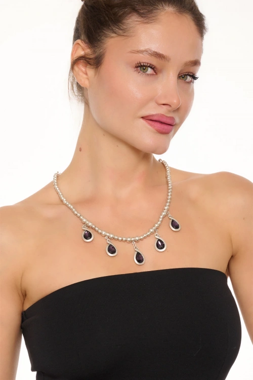 Kiraz Purple Crystal Stoned Silver Plated Necklace