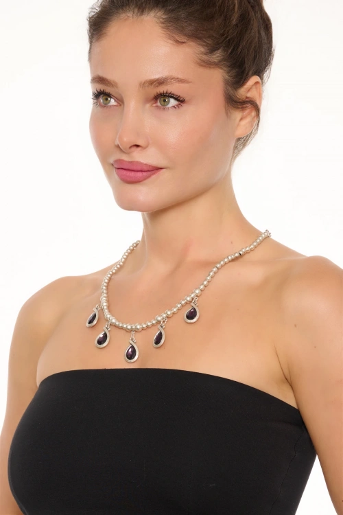 Kiraz Purple Crystal Stoned Silver Plated Necklace