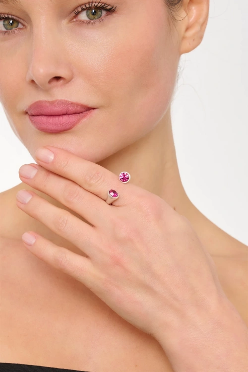 Kiraz Fuchsia Crystal Stoned Silver Plated Ring