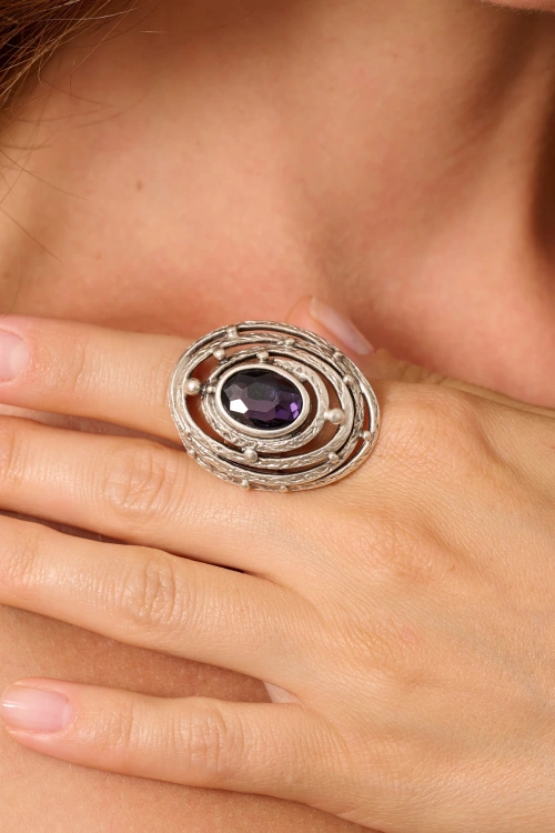 Kiraz Purple Crystal Stoned Silver Plated Ring