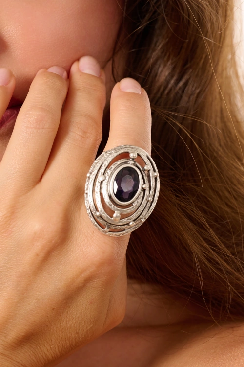 Kiraz Purple Crystal Stoned Silver Plated Ring