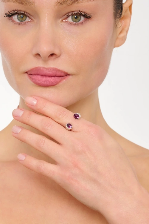 Kiraz Purple Crystal Stoned Silver Plated Ring