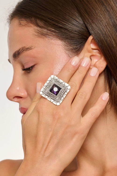 Kiraz Purple Crystal Stoned Silver Plated Ring