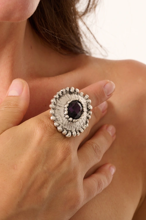 Kiraz Purple Crystal Stoned Silver Plated Ring