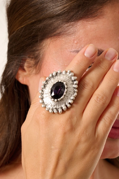 Kiraz Purple Crystal Stoned Silver Plated Ring