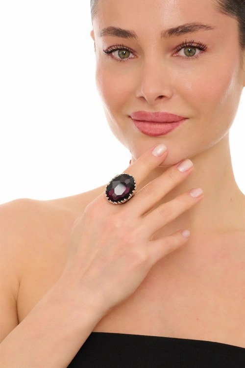 Kiraz Purple Crystal Stoned Silver Plated Ring
