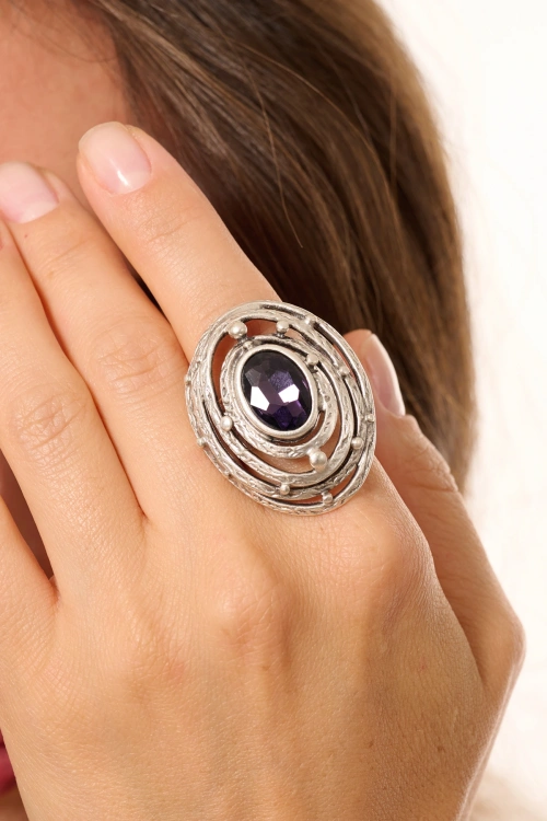 Kiraz Purple Crystal Stoned Silver Plated Ring