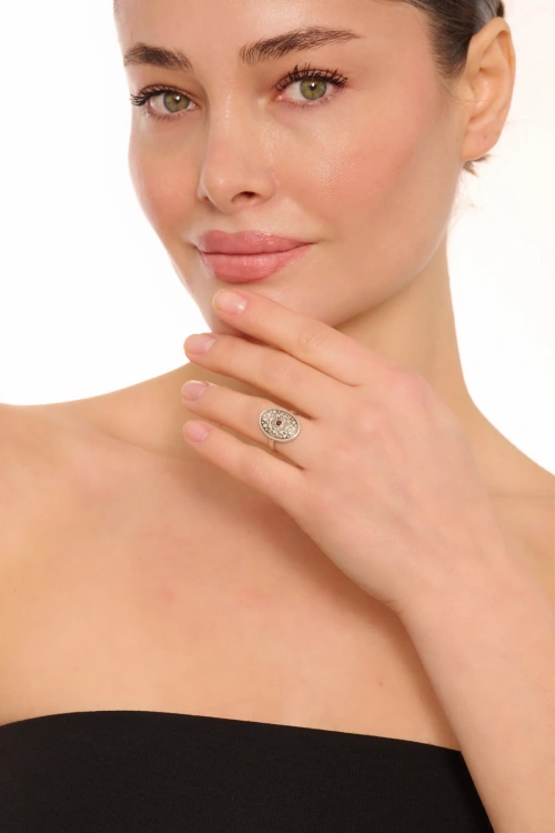 Kiraz Purple Crystal Stoned Silver Plated Ring