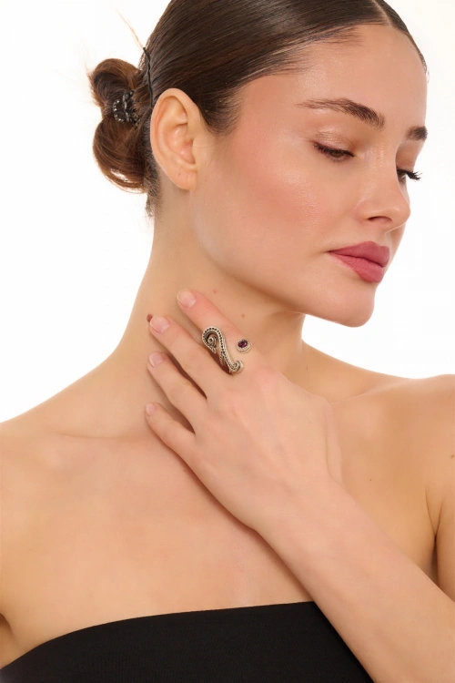 Kiraz Purple Crystal Stoned Silver Plated Ring