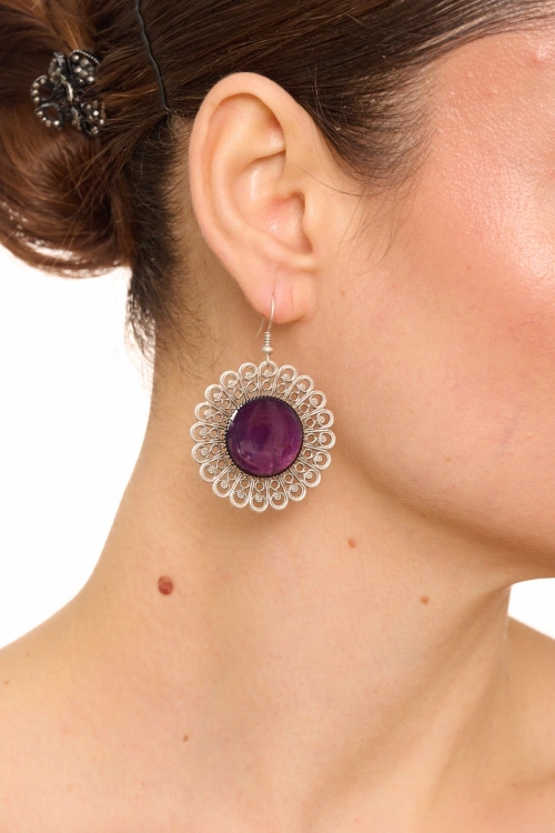 Kiraz Purple Enameled Silver Plated Earring