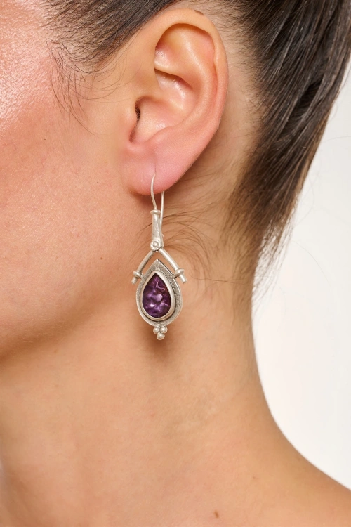Kiraz Purple Enameled Silver Plated Earring