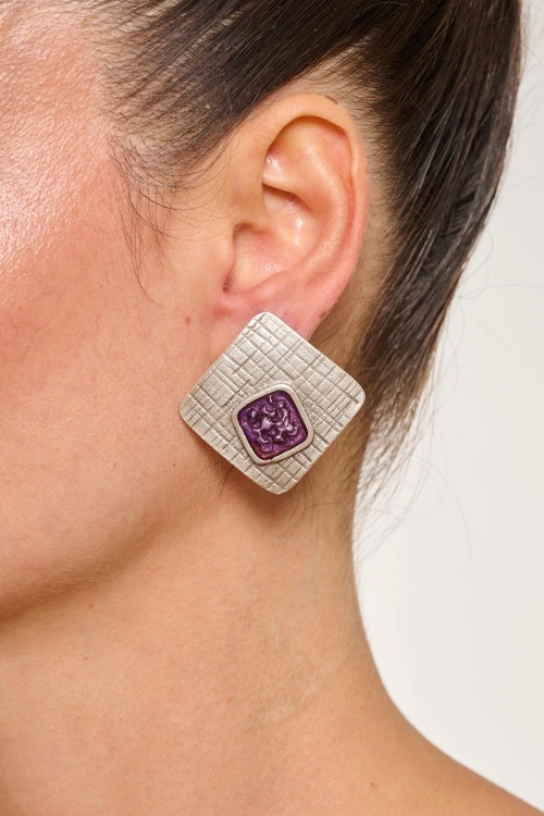 Kiraz Purple Enameled Silver Plated Earring