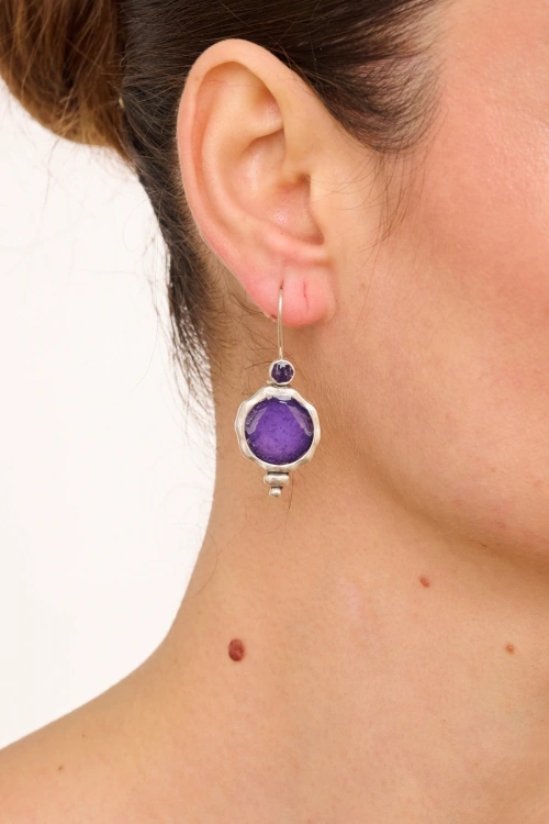 Kiraz Purple Enameled Silver Plated Earring
