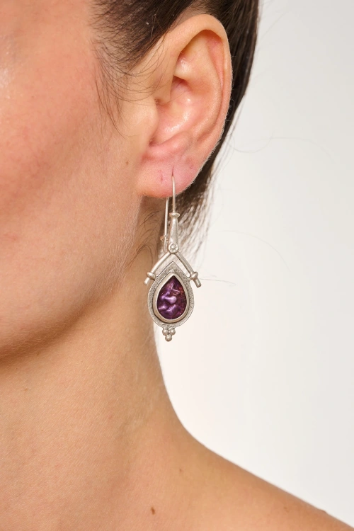 Kiraz Purple Enameled Silver Plated Earring