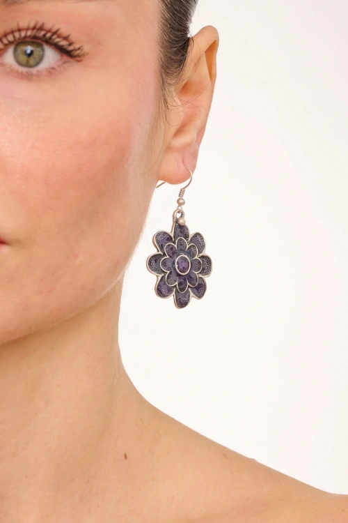 Kiraz Purple Enameled Silver Plated Flower Earring