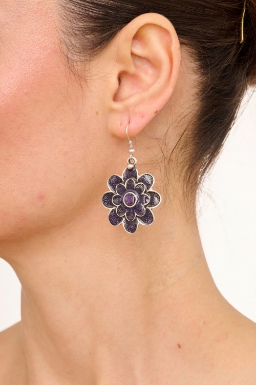 Kiraz Purple Enameled Silver Plated Flower Earring
